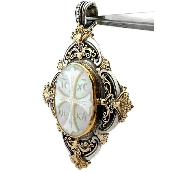 Designer Konstantino 925 Sterling Silver 18k Gold Mother of Pearl Cross Pendant - Picture 2 of 12